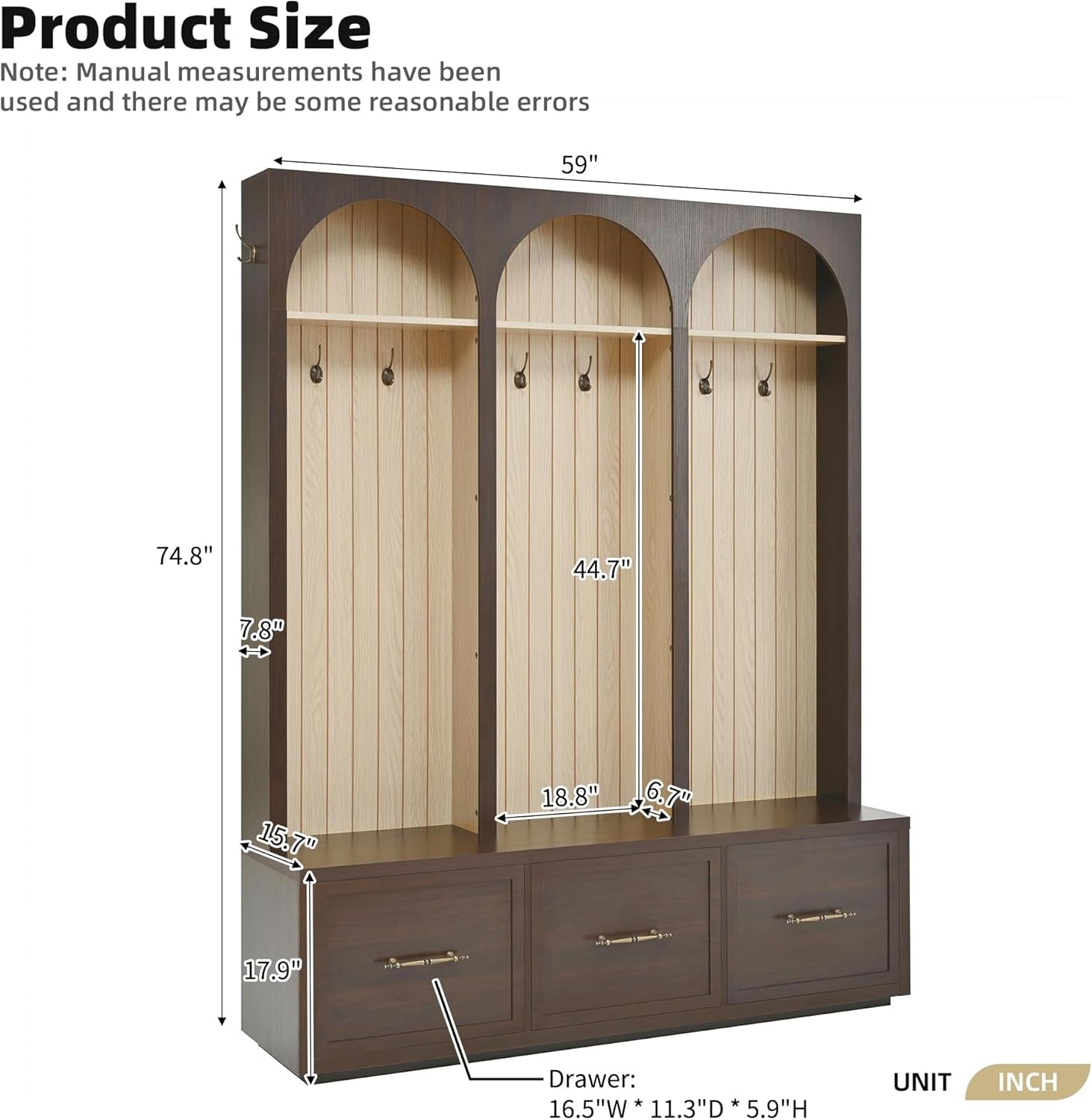 Hall Tree with Bench & 3 Large Storage Drawers, Arched Design Farmhouse Wooden Style 59" Wide Entryway Coat Rack with 8 Hooks for Mudroom, Living Room (Dark Walnut, 74.8" H)