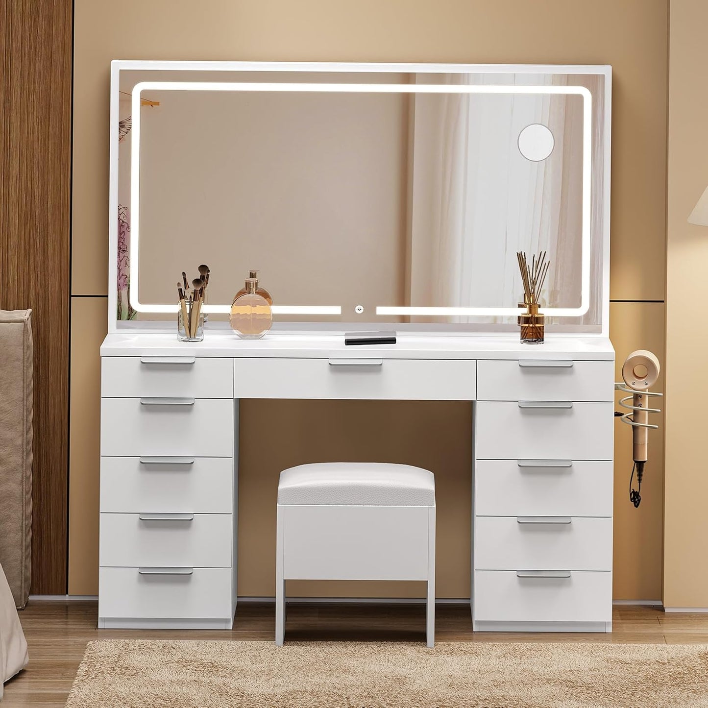 Makeup Vanity with Large Mirror and Lights, 46" Vanity Desk Dressing Table Set with 11 Drawers & Storage Stool, Dressing Table with Power Outlet and Magnifying Glass, Dressing Room, White