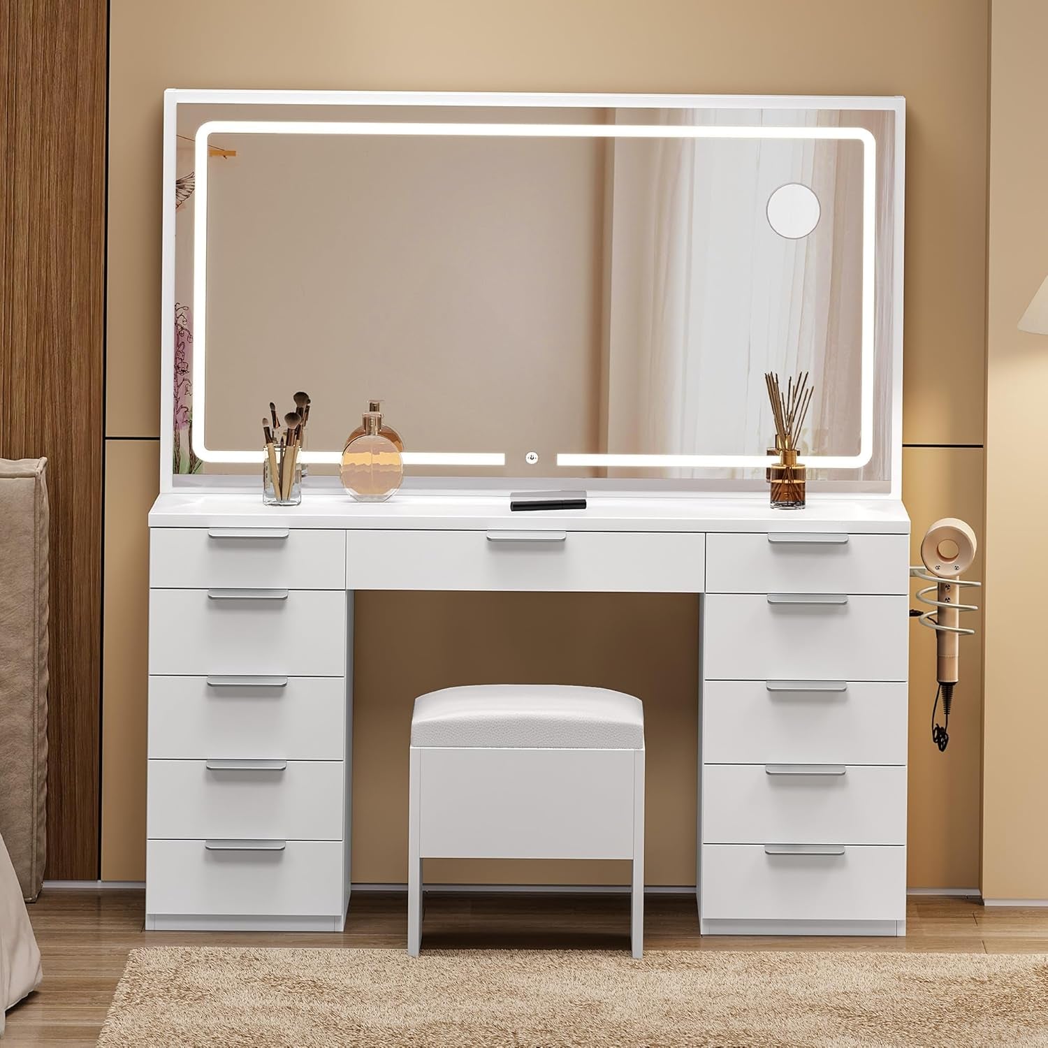 Makeup Vanity with Large Mirror and Lights, 46" Vanity Desk Dressing Table Set with 11 Drawers & Storage Stool, Dressing Table with Power Outlet and Magnifying Glass, Dressing Room, White