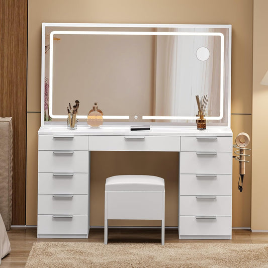Makeup Vanity with Large Mirror and Lights, 46" Vanity Desk Dressing Table Set with 11 Drawers & Storage Stool, Dressing Table with Power Outlet and Magnifying Glass, Dressing Room, White