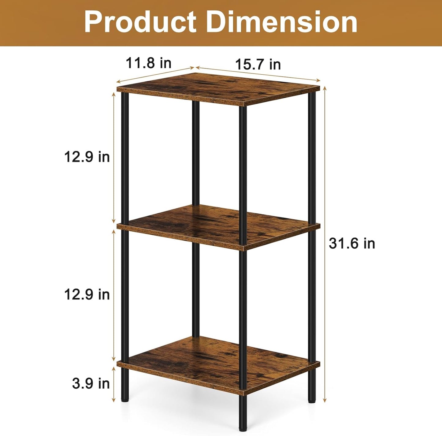 Tall Side Table 3 Tier Small End Table Stand 31.6" Height Telephone Table Industrial Night Stand with Storage for Living Room Bedroom Bathroom Kitchen, Brown&Black
