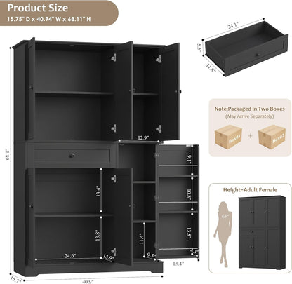 68" Tall Kitchen Pantry Storage Cabinet, Modern Kitchen Hutch Cabinet with Doors and Shelves, Freestanding Food Pantry with Large Storage Drawer for Dining Room, Living Room, Black