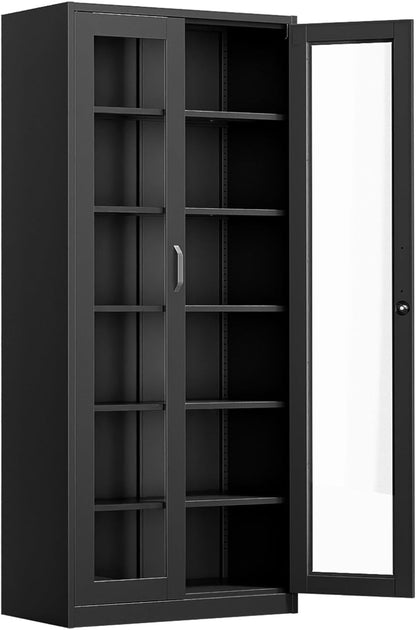 Lockable Display Cabinet with Glass Doors & 5 Adjustable Shelves, 71" Tall Black Metal Storage Cabinet Curio Liquor, Bookshelf Bookcase for Home Office Living Room Pantry Garage