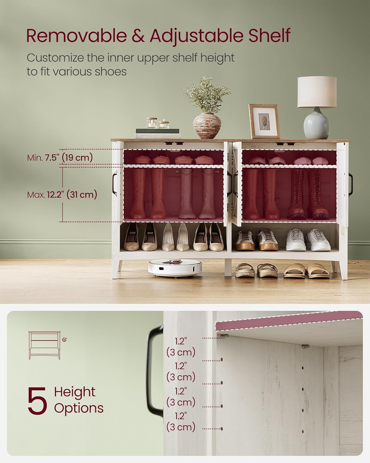 Shoe Cabinet, 3-Tier Shoe Storage Organizer, Farmhouse Freestanding Cabinet with Height-Adjustable Shelf, 13.8 X 47.2 X 27.6 Inches, Entryway, Rustic White ULBC039W01