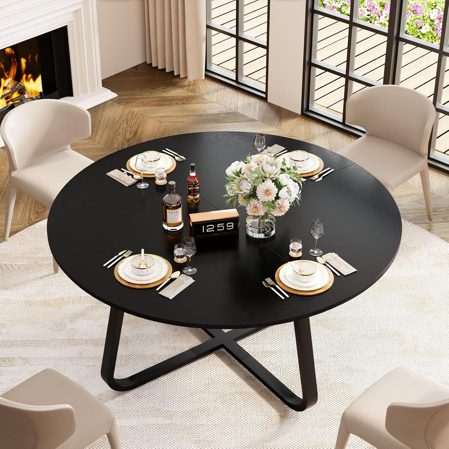 Black round Dining Table, Modern Wood Metal Kitchen Table, Industrial Small Dinner Room for 4 to 6 People, Circle Coffee Dining Room for Home Kitchen Living Room, Black Oak, 51 Inch