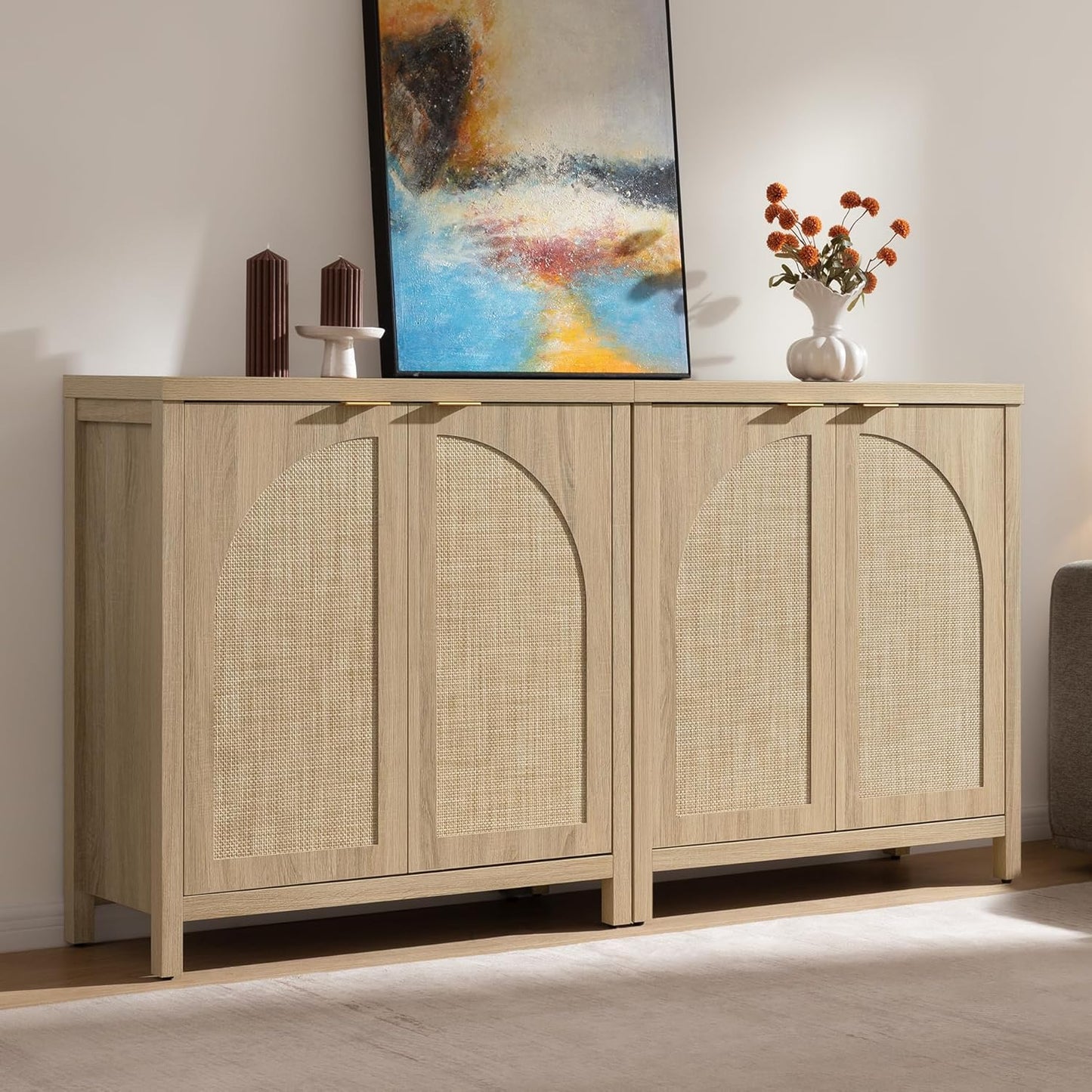 68" W Rattan Sideboard Buffet Cabinet with Storage Set of 2, Mid Century Modern Credenza with Arch Doors & Shelves Boho Coffee Bar Media Console Cabinets for Kitchen, Living Room, Entryway