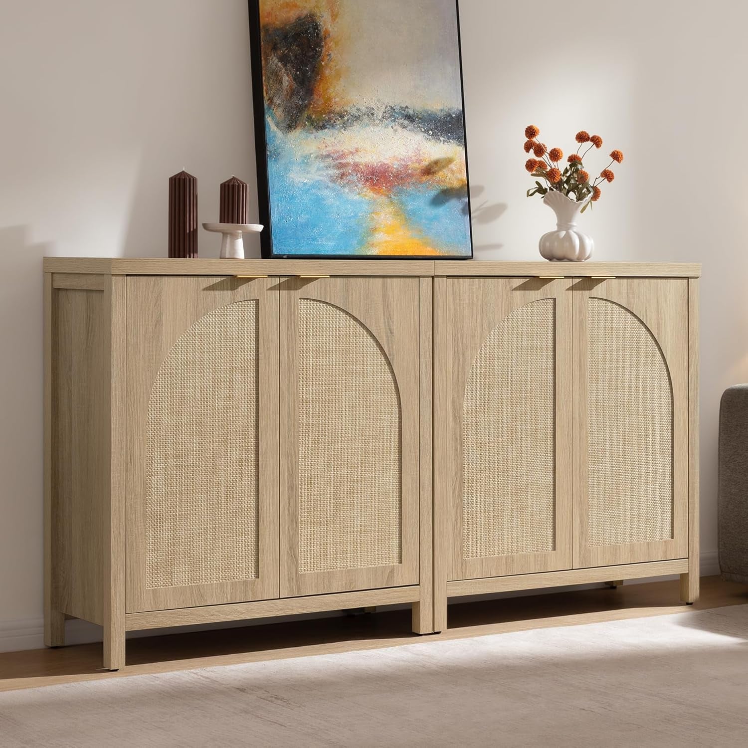68" W Rattan Sideboard Buffet Cabinet with Storage Set of 2, Mid Century Modern Credenza with Arch Doors & Shelves Boho Coffee Bar Media Console Cabinets for Kitchen, Living Room, Entryway