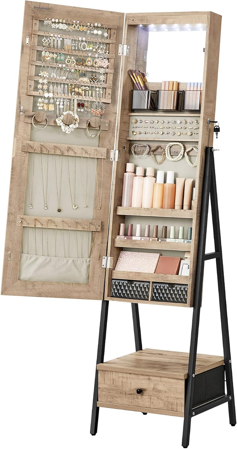 LED Cabinet Standing, Lockable Jewelry Armoire with Full-Length Mirror, Space-Saving Jewelry Organizer with Mirror, Bottom Drawer and Shelf, Gift Idea, Rustic Brown UJJC025X01