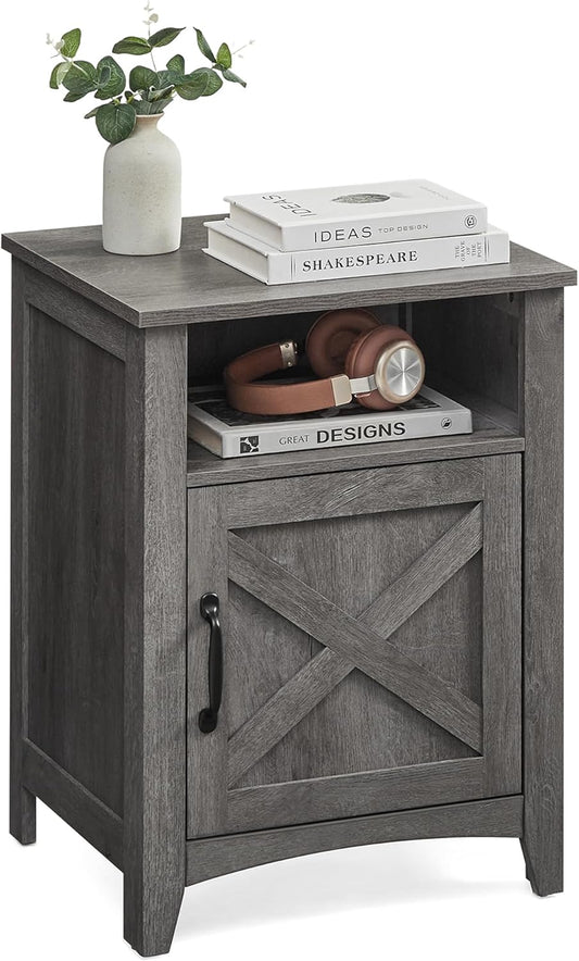 LIRY Collection - Farmhouse Nightstand with Barn Door, Bedside Table with Storage, Side End Table, Night Stand, Open Compartment, for Bedroom, Misty Gray ULET609G68
