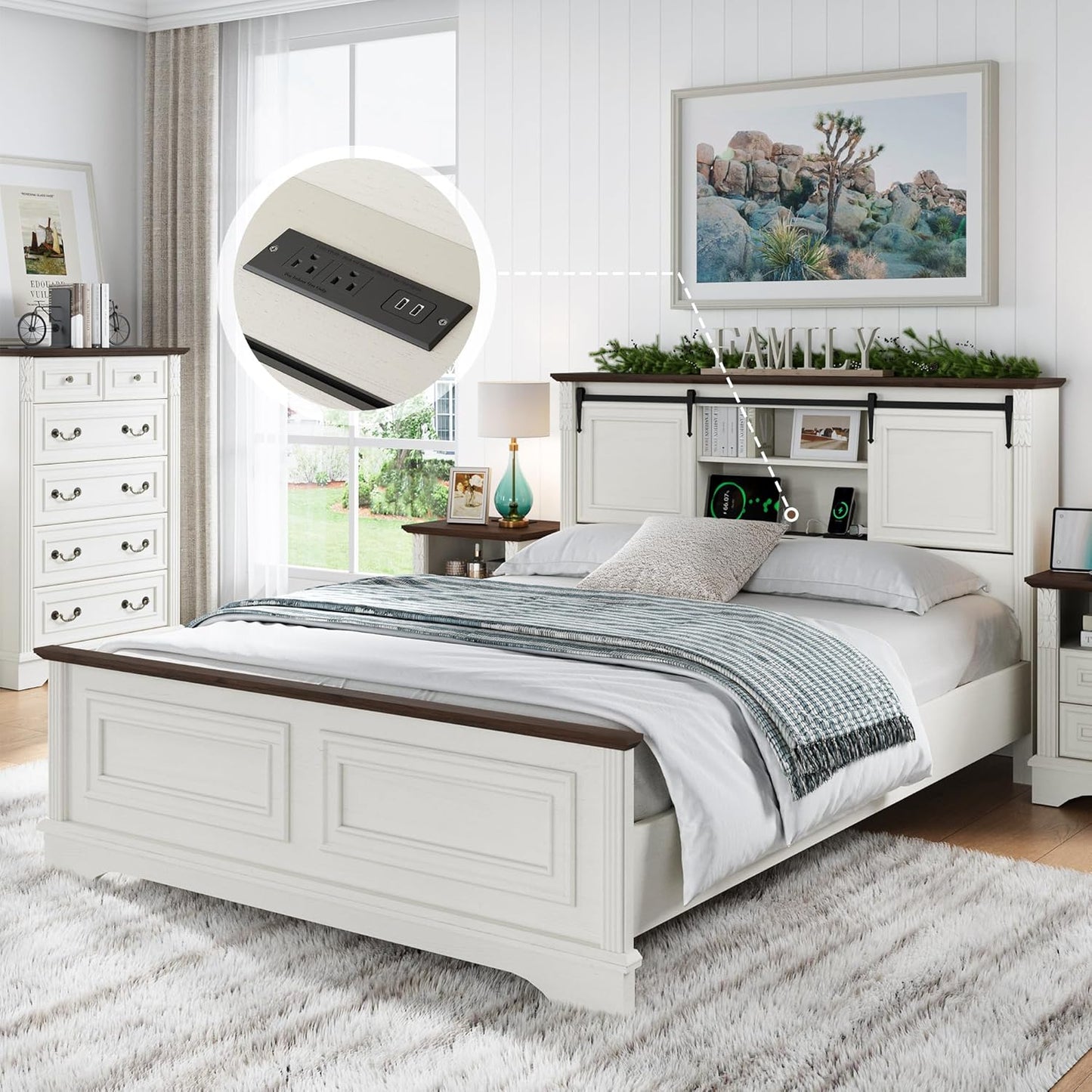 Farmhouse Queen Size Bed Frame with Storage Bookcase Headboard, Wood Platform Bed Frame W/Charging Station, Bracket Footboard, 2 Large Sliding Barn Doors, No Box Spring Needed - Antique White