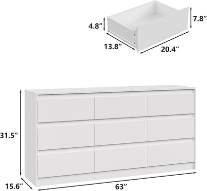 Modern 9 Large Storage Drawers Dresser for Clothes Organizer, White Modern Chest of Drawers for Closet,63" Long Drawer Organizer Cabinet for Bedroom,Living Room,Entryway,Hallway