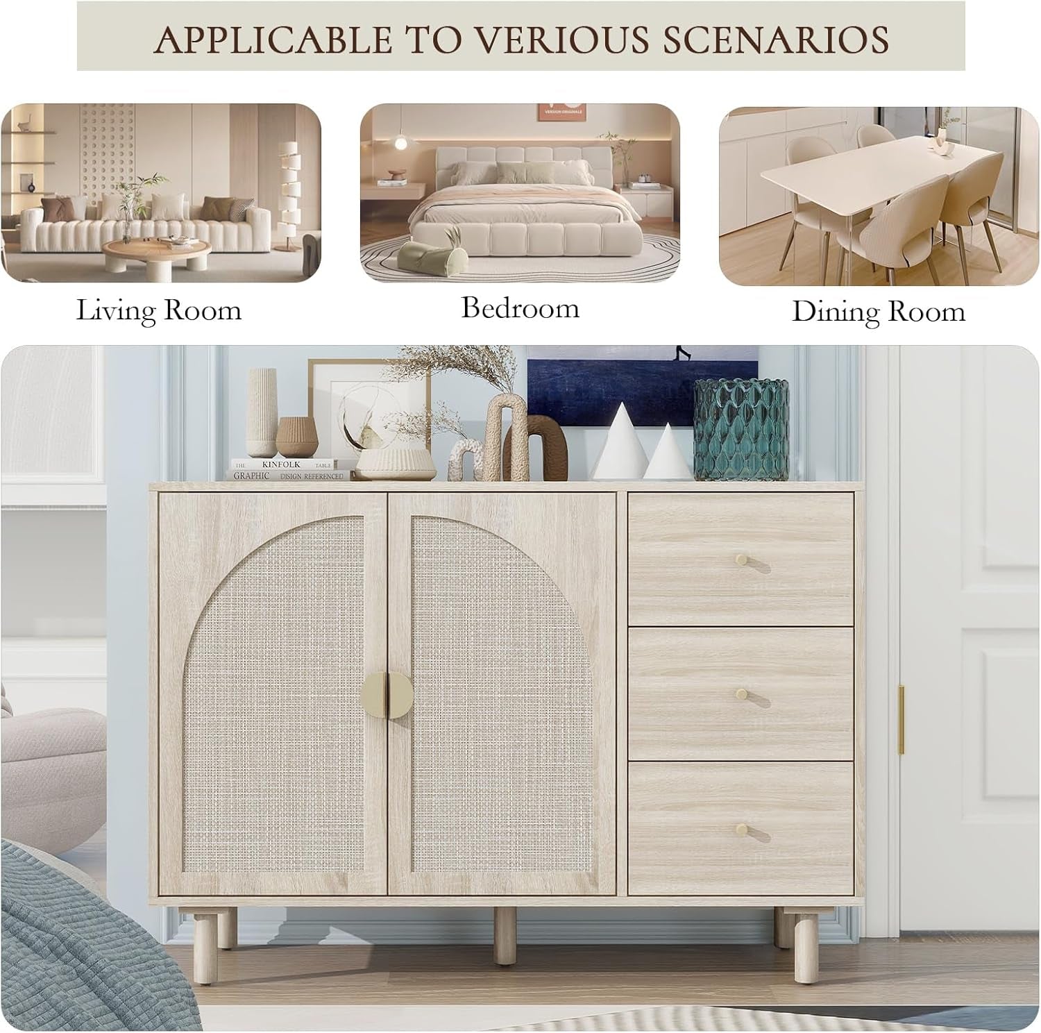 Beige Sideboard Buffet Cabinet, 2-Door and 3-Drawer Rattan Storage Cabinet, Coffee Bar with Adjustable Shelf, Accent Furniture for Living Room, Entryway, Home Office, Oak
