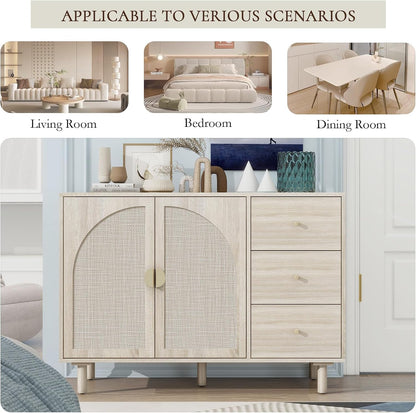 Beige Sideboard Buffet Cabinet, 2-Door and 3-Drawer Rattan Storage Cabinet, Coffee Bar with Adjustable Shelf, Accent Furniture for Living Room, Entryway, Home Office, Oak