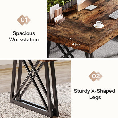 63-Inch Executive Desk, Farmhouse Office Computer Desk with Sturdy X-Shaped Legs, Large Writing Table Business Furniture Workstation for Home Office, Study (Rustic Brown & Black)