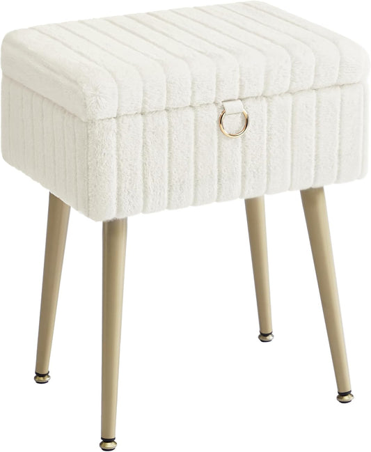 Vanity Stool Chair with Storage, Makeup Stool, Footrest Footstool Ottoman, Metal Legs, Adjustable Feet, for Living Room, Bedroom, Makeup Room, Cream White ULOM505WZ02
