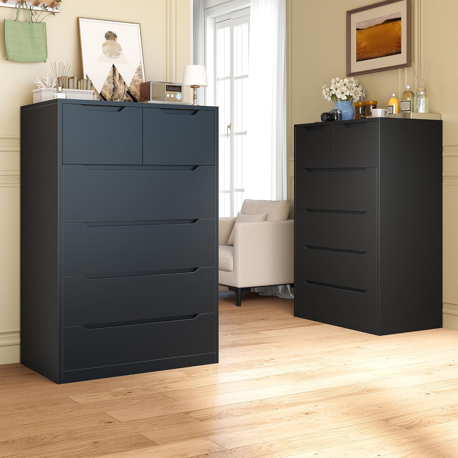 6 Drawer Dresser for Bedrom,Tall Black Chest of Drawers for Bedroom, Hallway, Modern 43.2" H X 27.6" W X15.6 D