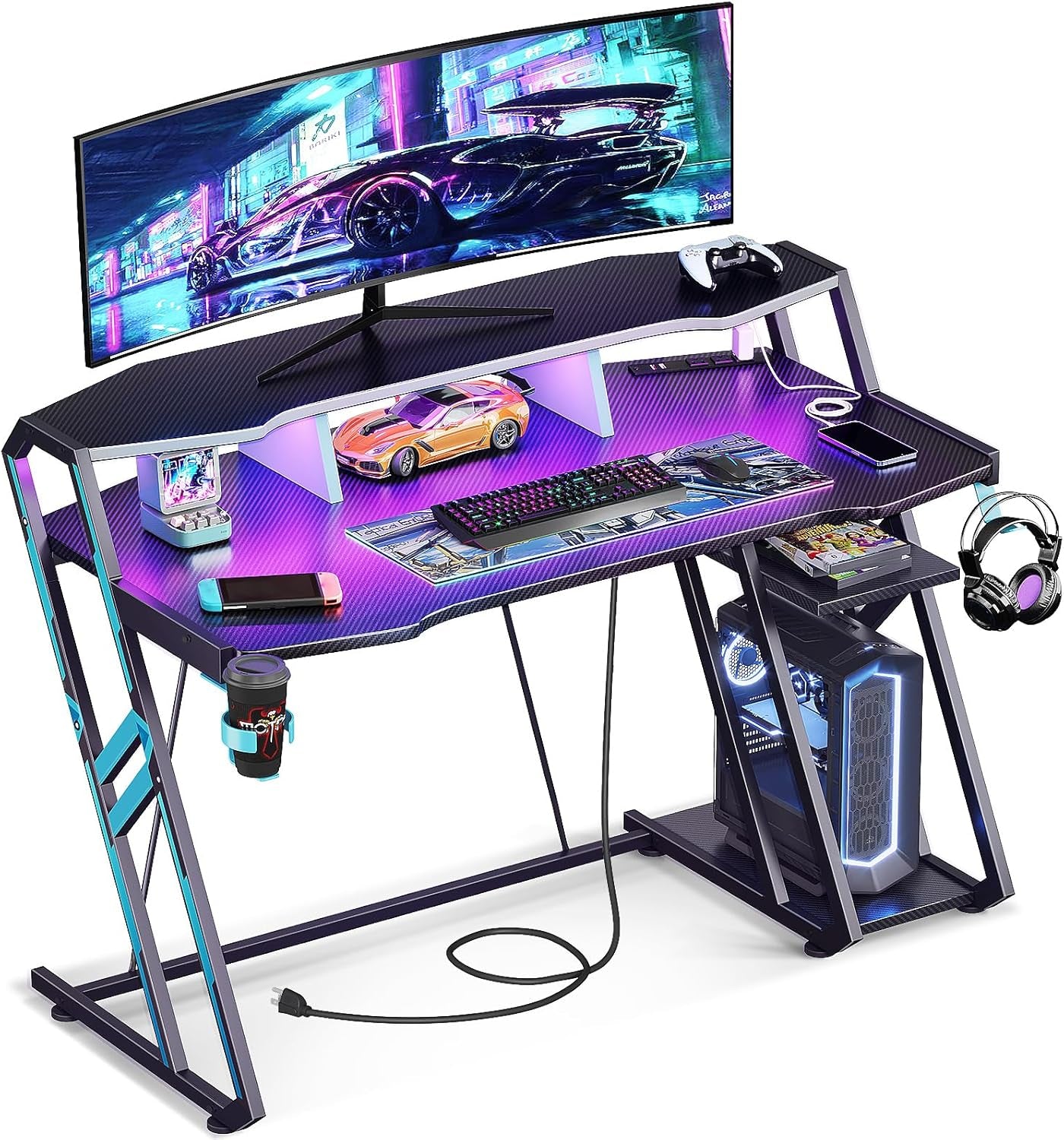 Gaming Desk with Power Outlet & LED Lights, Computer Desk 48 Inch with PC Storage Shelf, Gaming Table with Carbon Fiber Texture, Gamer Desk, Gift for Boys Men, Black