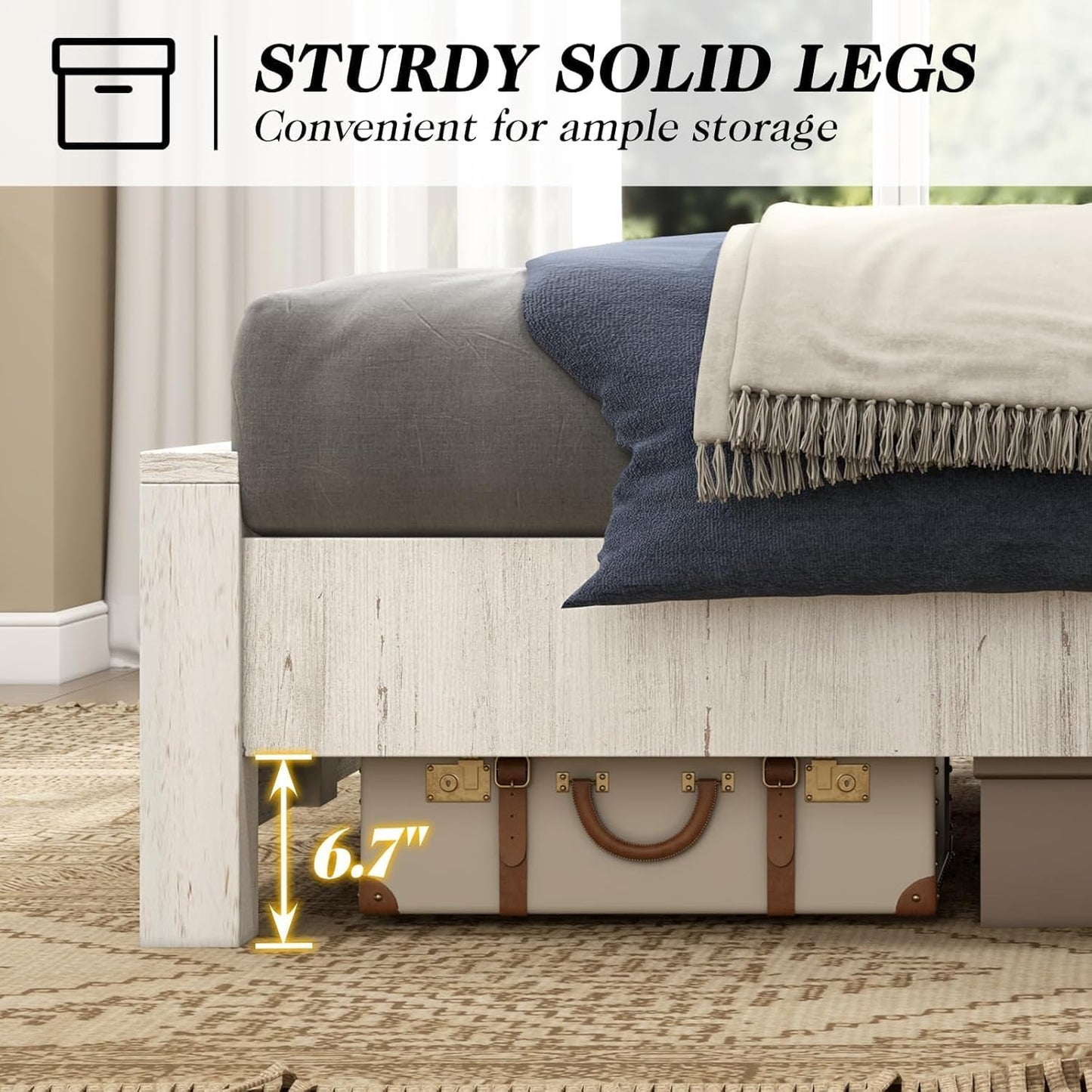 51.2" H Wood Bed Frame with Headboard, King Platform Bed Frame with Wooden Slat Support, No Box Spring Needed/Easy Assembly, Rustic Pine, Distressed White