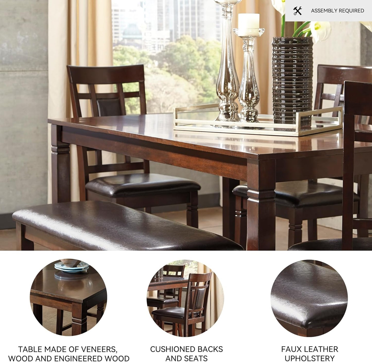 Bennox Dining Room Set, Includes Table, 4 18" Chairs & Bench, Brown