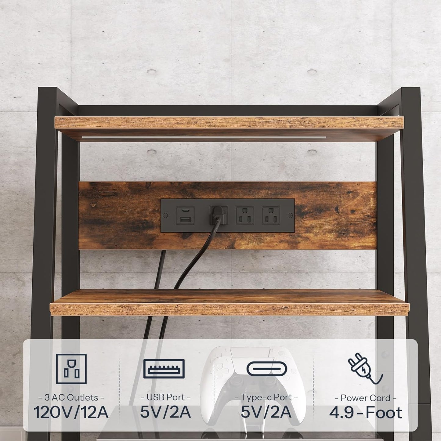 4-Tier AV Media Stand with Charging Station and LED Light, Wooden Stereo Cabinet, Game Console Stand, Media Audio Rack, Record Player, Entertainment Center, Rustic Brown and Black BF106UDCJ01
