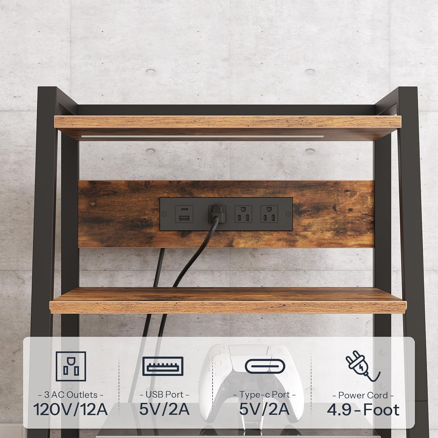4-Tier AV Media Stand with Charging Station and LED Light, Wooden Stereo Cabinet, Game Console Stand, Media Audio Rack, Record Player, Entertainment Center, Rustic Brown and Black BF106UDCJ01