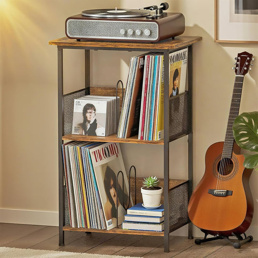 Record Player Stand,3 Tier Vinyl Record Stand,Turntable Stand with 2 Dividers&4 Adjustable Feet,Record Player Table with Vinyl Record Storage up 200 Albums,Record Player Shelf for Living Room-Brown