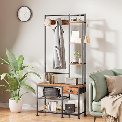 Coat Rack, Hall Tree with Bench and Shoe Storage, 4 in 1 Entryway Bench, Coat Rack with 3 Shelves and Drawer, Entryway Organizer with 5 Hooks for Hanging, Rustic Brown