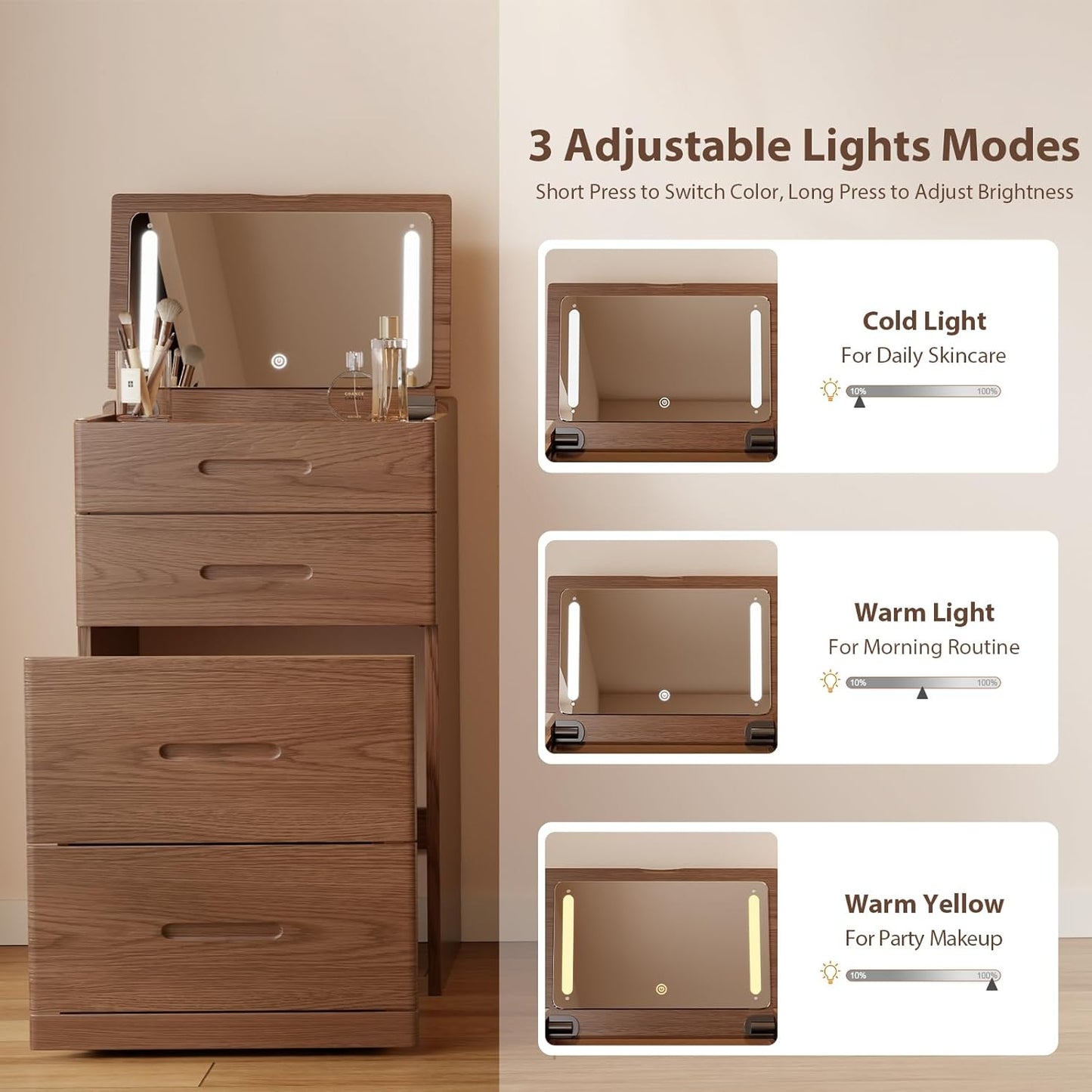 Solid Wood 3 in 1 Vanity Desk with Flip Top Mirror, No Assembly, Compact Vanity with Hidden Chair, Small Makeup Vanity Set with Power Outlet, Dressing Table for Bedroom, Walnut