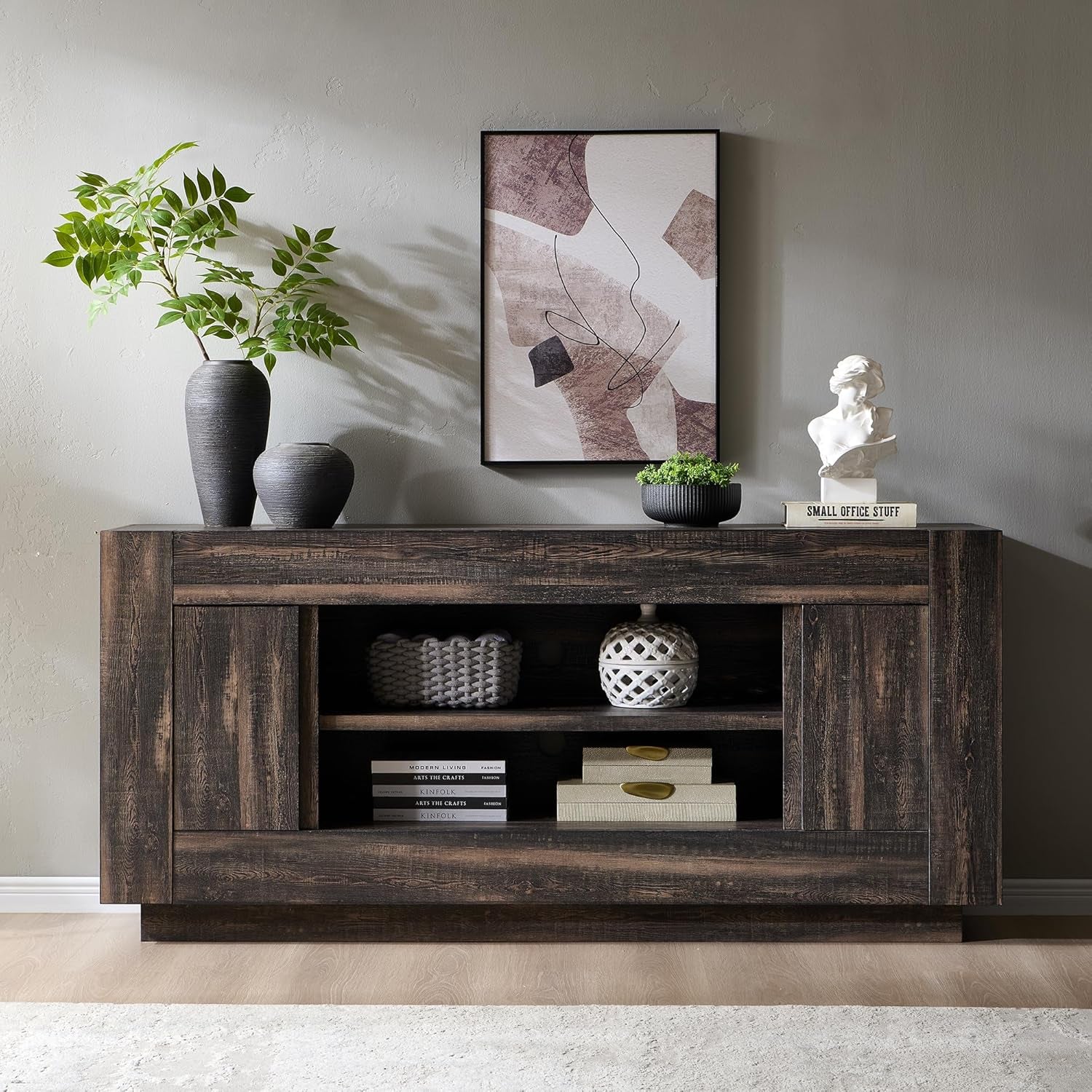 Modern 70" TV Stand, Entertainment Center for Tvs up to 80", Media Console with Large Open Storage & Side Cabinets, Thick Wood Design for Living Room, Dark Rustic Oak