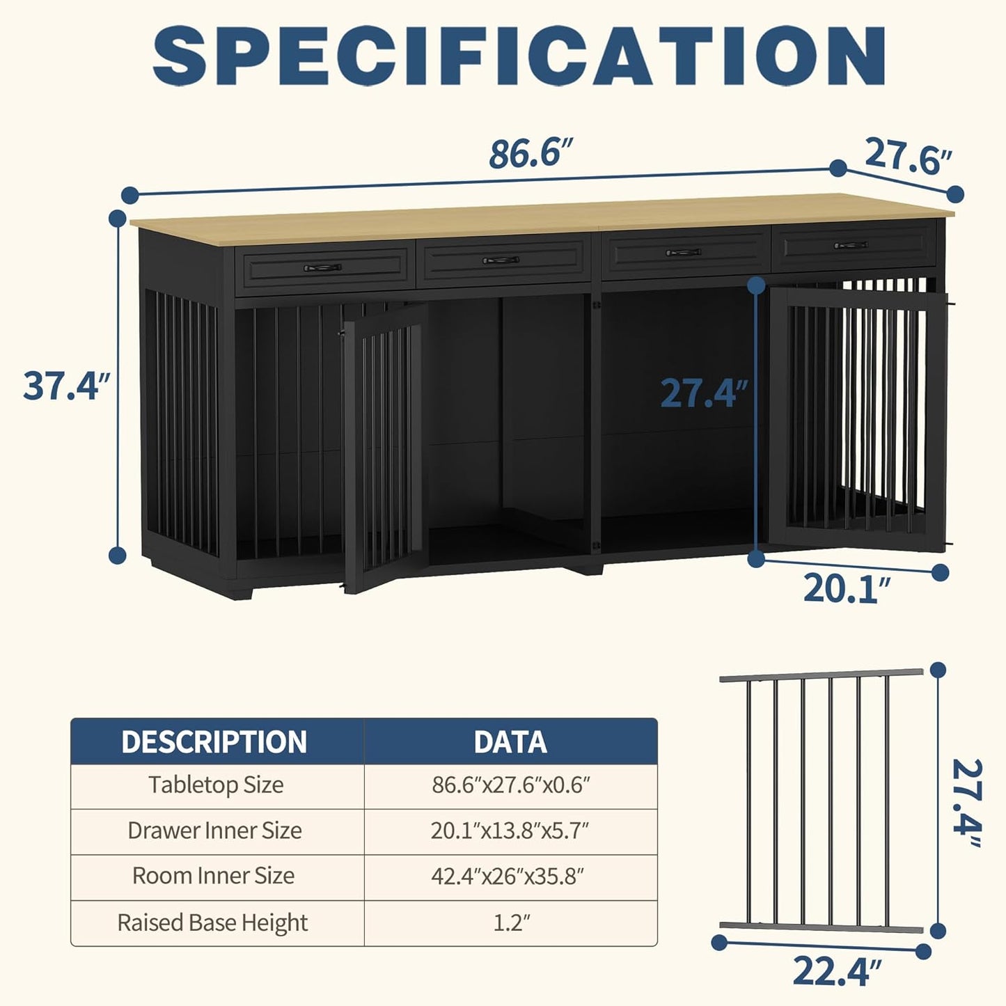 Large Dog Crate Furniture, 86.6 Inch Wooden Dog Kennel with Drawers & Divider, Heavy Duty Indoor Furniture Style Dog House with Double Rooms for Large Medium Small Dogs, Brown+Black