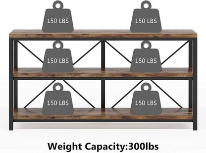 Tribesigns 55 Inches Long Sofa Table with Storage Shelves, 3 Tiers Industrial Rustic Console Table with Open Shelves, Three Decorative Shelf, Open TV Shelf for Living Room, Hallway, Book