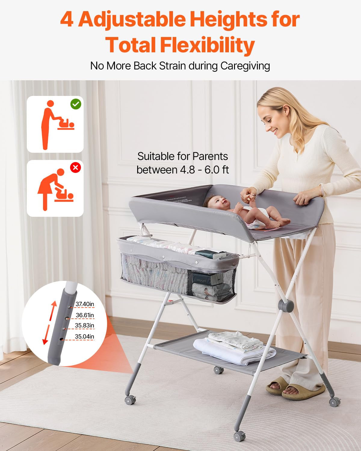 Baby Changing Table, Foldable Diaper Change Station with Side Basket, Adjustable Height Changing Table with Lockable Wheels, Multi-Functional Nursery Storage Organizer, Light Gray