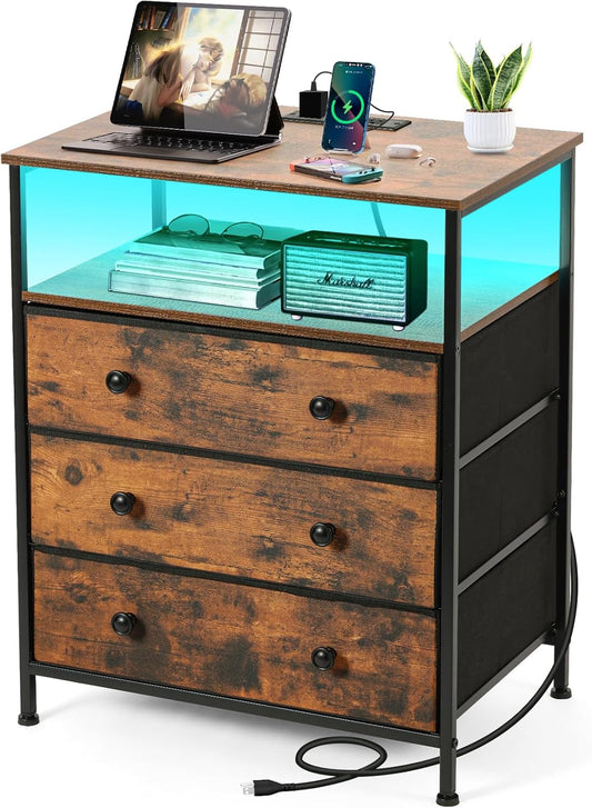 3 Drawers Dresser with Charging Station, 24 Inch Wide LED Night Stand with Adjustable Fabric Drawer, Nightstand with Storage Shelf for Living Room/Bedroom/Office, Rustic Brown.