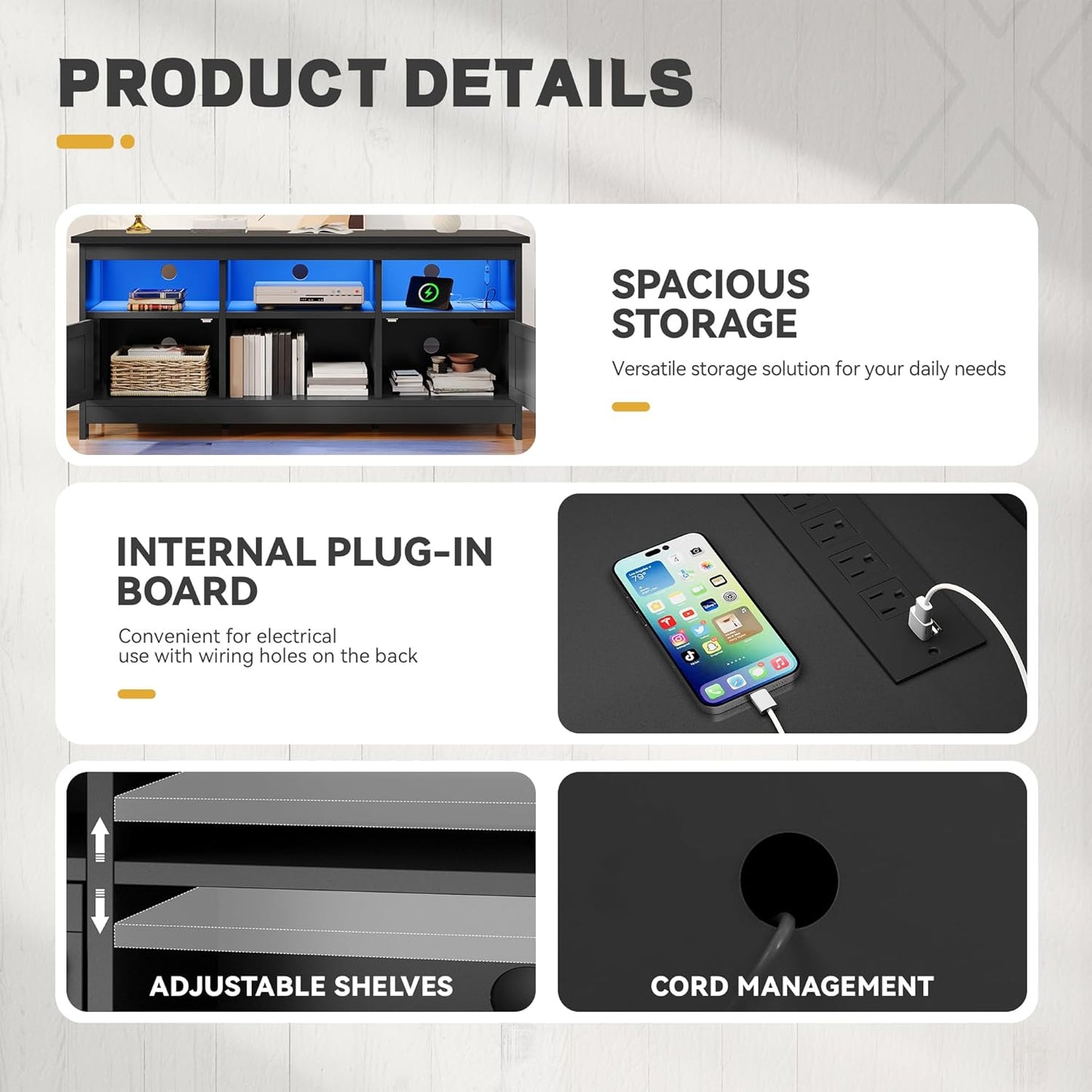 TV Stand for 65 Inch Tvs, Entertainment Center with Storage Cabinets, Power Outlet & LED Light, Media TV Console with Barn Doors for Living Room, Black