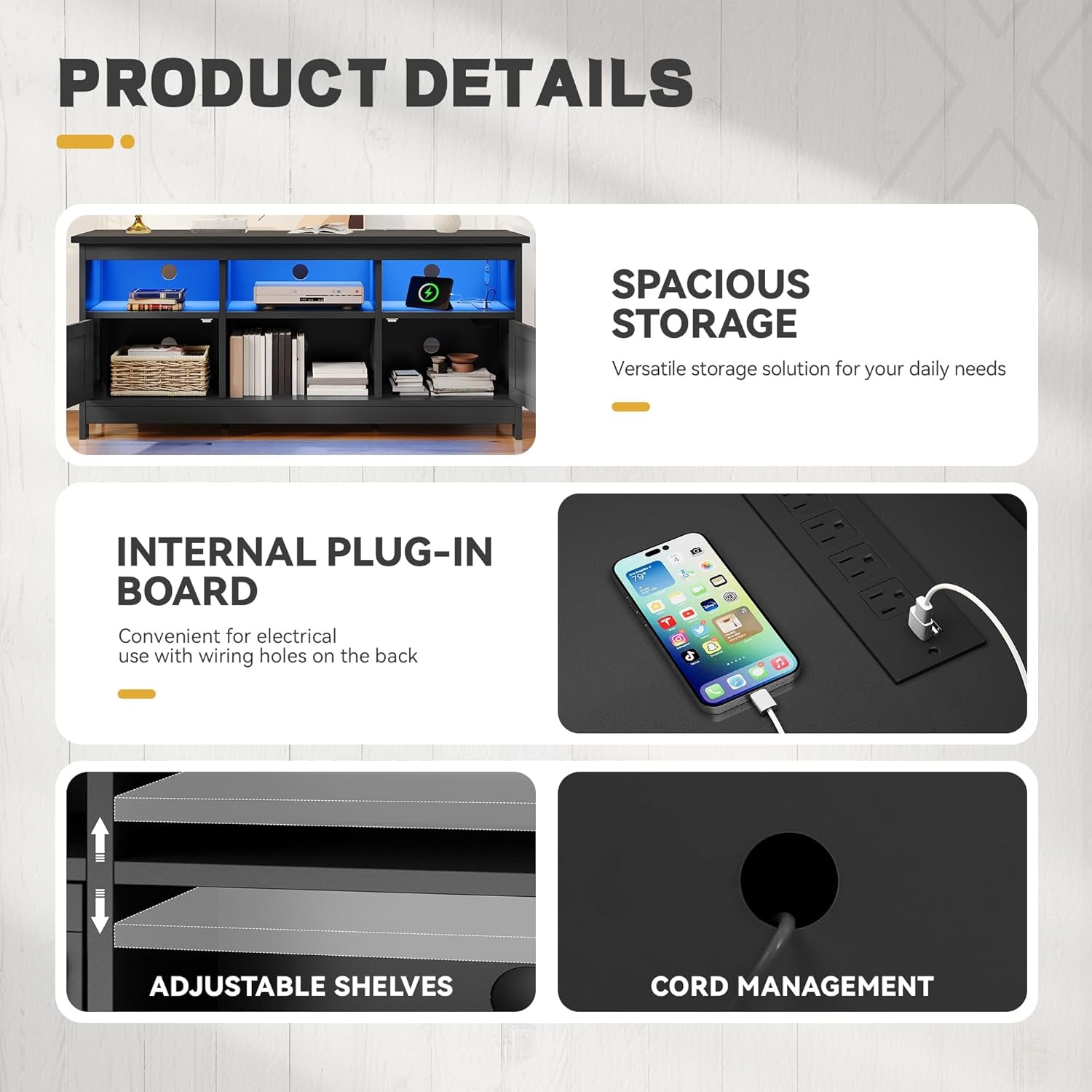 TV Stand for 65 Inch Tvs, Entertainment Center with Storage Cabinets, Power Outlet & LED Light, Media TV Console with Barn Doors for Living Room, Black