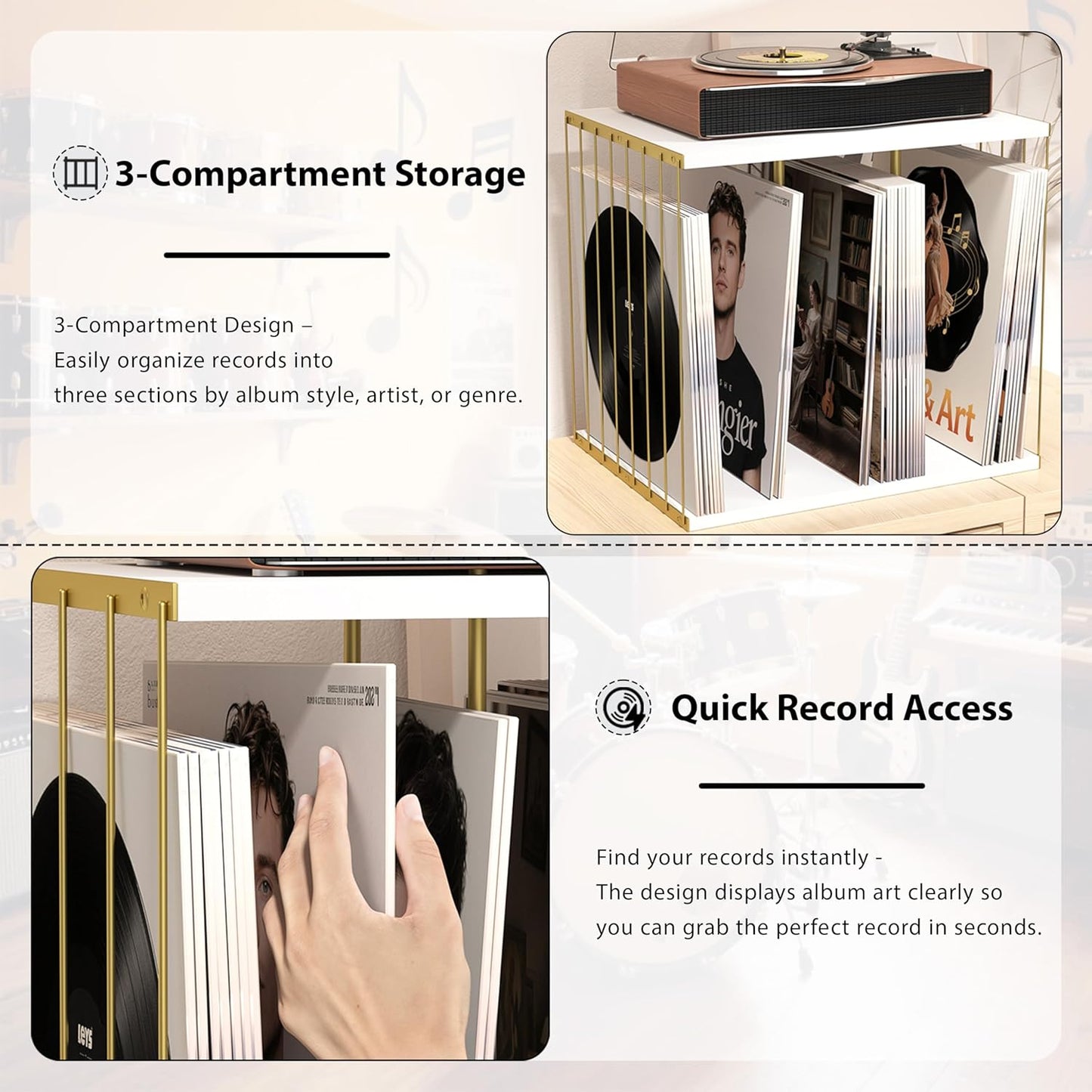 Vinyl Record Storage, Metal & Wooden Vinyl Record Holder up to 80 Album, 3-Compartment Record Player Stand for Magazine, Book, Files, Albums (White)