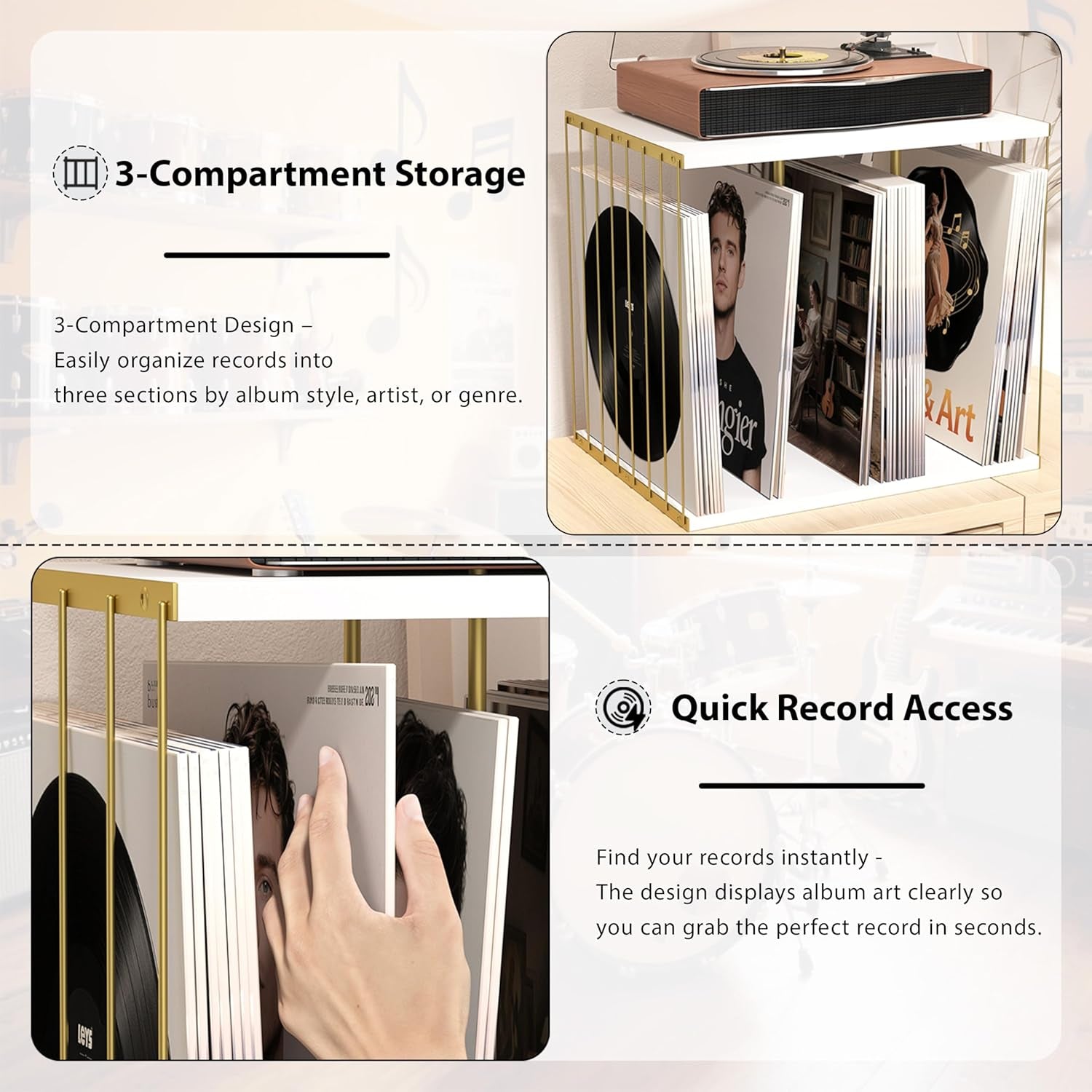 Vinyl Record Storage, Metal & Wooden Vinyl Record Holder up to 80 Album, 3-Compartment Record Player Stand for Magazine, Book, Files, Albums (White)