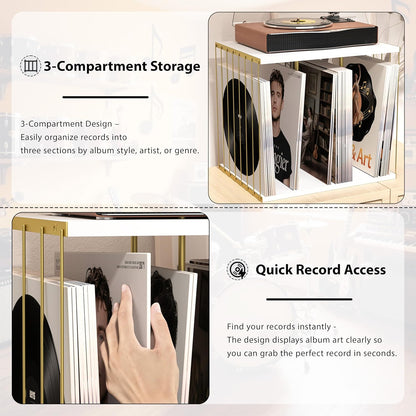 Vinyl Record Storage, Metal & Wooden Vinyl Record Holder up to 80 Album, 3-Compartment Record Player Stand for Magazine, Book, Files, Albums (White)