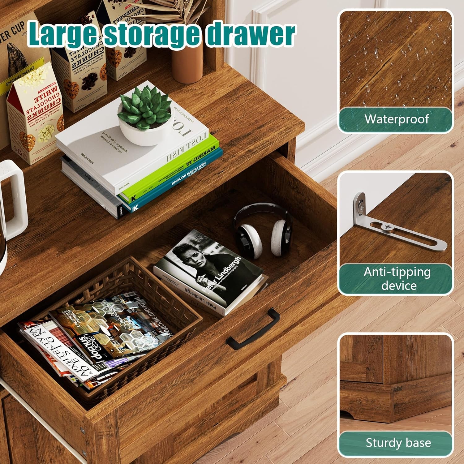 Tall Kitchen Pantry Storage Cabinet, Modern Pantry Cabinet with Hutch and Microwave Stand, Modern Kitchen Coffee Bar Hutch with Shelves for Dining Room, Brown