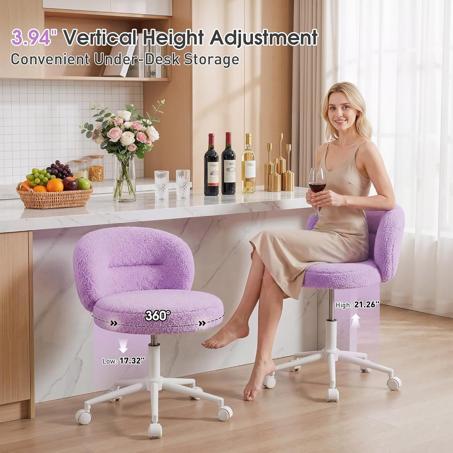 Small round Vanity Chair, Armless Home Office Desk Chairs with Back, Height Adjustable & 360° Swivel, Cute Comfy Vanity Computer Chair for Bedroom, Home Office, Purple