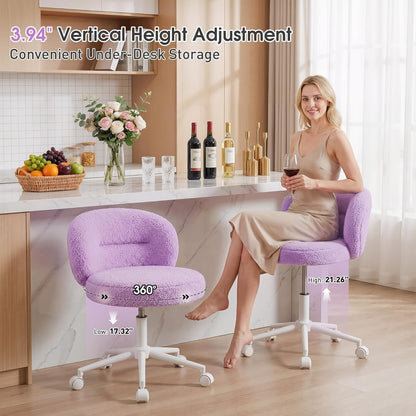 Small round Vanity Chair, Armless Home Office Desk Chairs with Back, Height Adjustable & 360° Swivel, Cute Comfy Vanity Computer Chair for Bedroom, Home Office, Purple