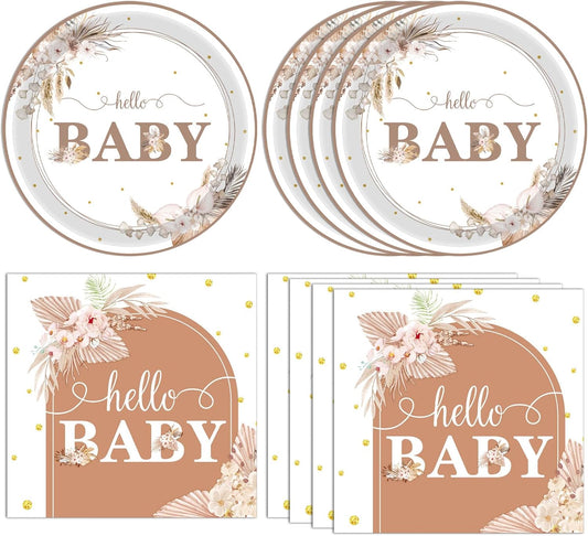 40 PCS Boho Baby Shower Decorations - Bohemian Theme Disposable Tableware Set for Gender Neutral Parties - Paper Plates and Napkins for Girl or Boy
