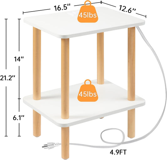 End Table with Charging Station, End Tables with USB Ports and Outlets, Small Side Table for Living Room, Bedroom & Office, Two-Tier Narrow Side Table, Easy Assembly