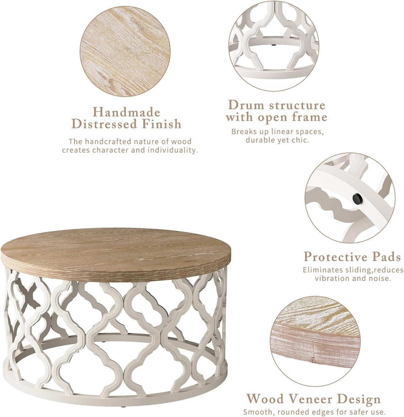 Farmhouse Coffee Table, French Country round Coffee Table, Coastal Coffee Table with Distressed Top, Boho Coffee Table with Curved Motif Frame Base for Living Room, Dining Room, Bedroom