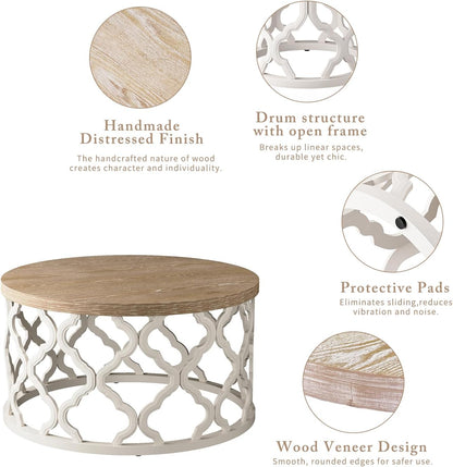 Farmhouse Coffee Table, French Country round Coffee Table, Coastal Coffee Table with Distressed Top, Boho Coffee Table with Curved Motif Frame Base for Living Room, Dining Room, Bedroom