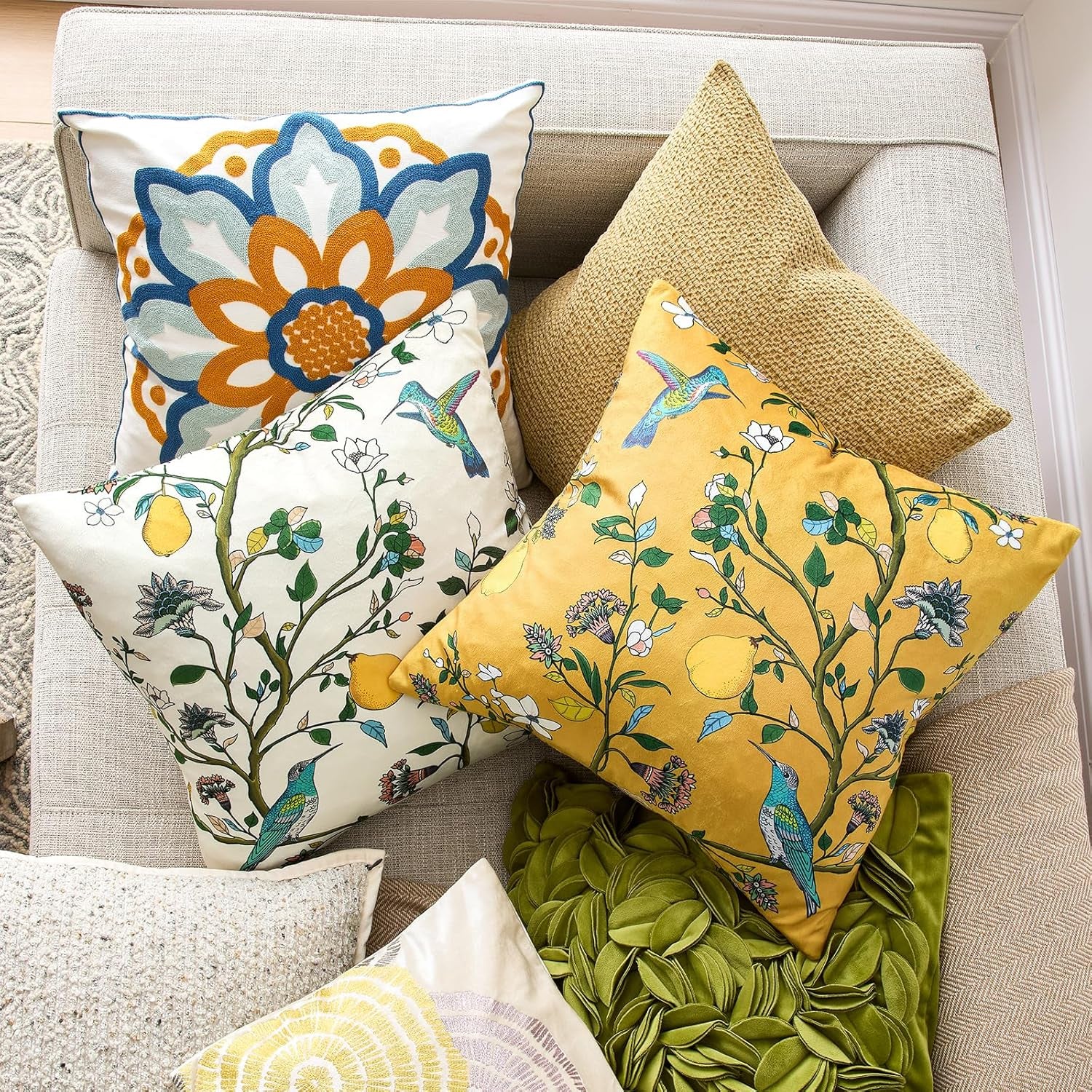 Mustard Yellow Floral Pillow Covers 18X18 Set of 2, Velvet Wild Flower Plant Throw Pillows Case, Square Farmhouse Decor Cushion Covers for Home Sofa Bed Couch