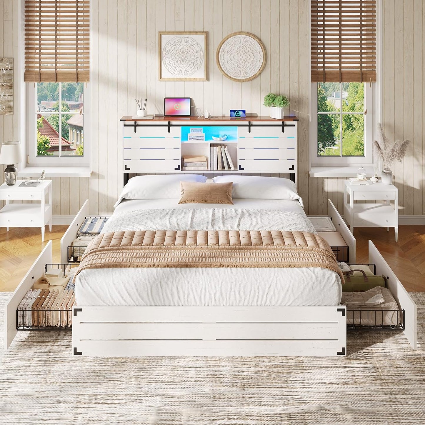 Wooden Bed Frame Queen Size with Bookcase Headboard and Sliding Barn Door, Farmhouse Queen Bed Frame with Charging Station, LED Lights and 4 Storage Drawers, No Box Spring Needed, White