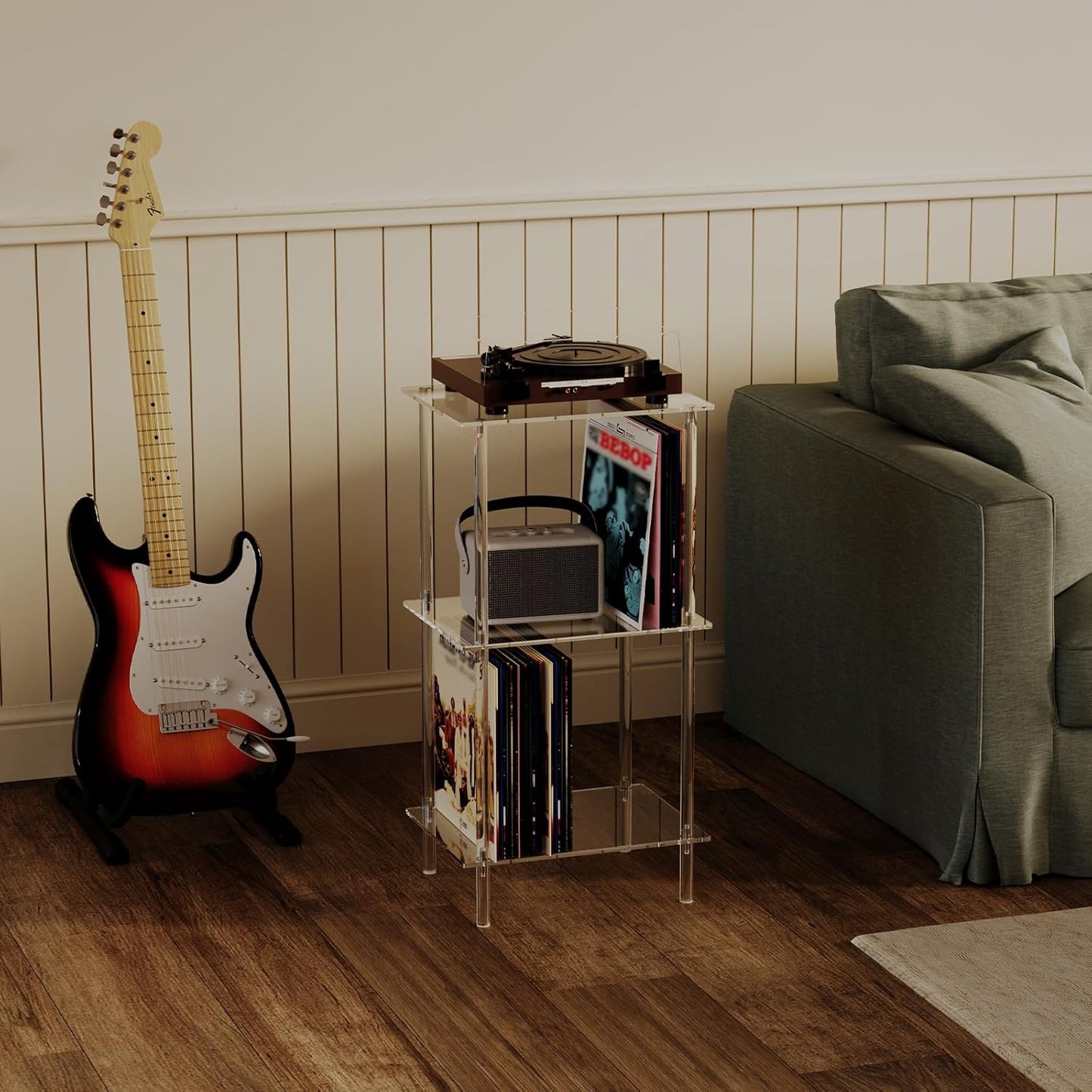 Acrylic Record Player Stand, Turntable Stand with Vinyl Record Storage, Tall Side Table/End Table for Living Room, Bedroom, 3-Tier, Modern, 15.7" L X 11.8" W X 30.8" H, Clear