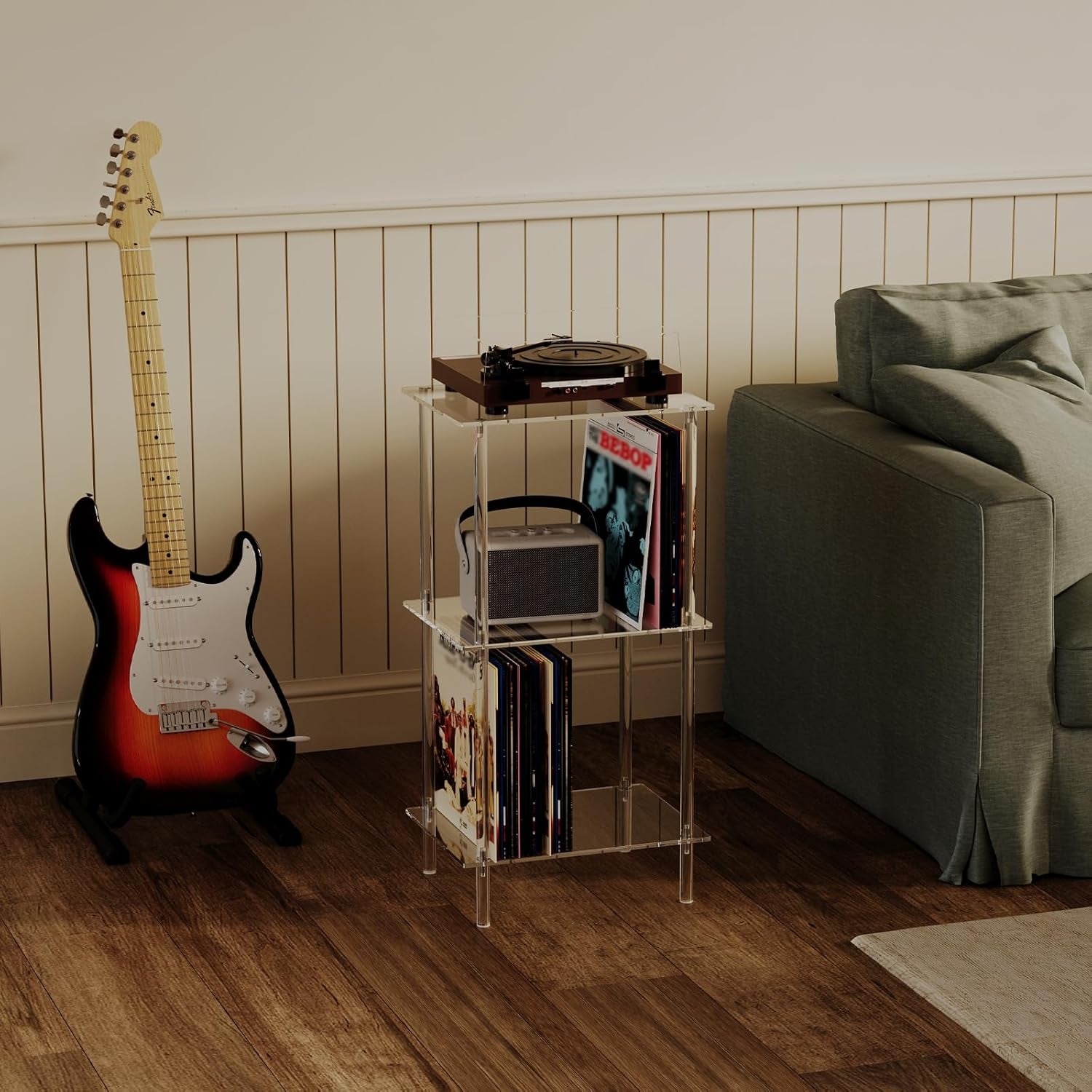 Acrylic Record Player Stand, Turntable Stand with Vinyl Record Storage, Tall Side Table/End Table for Living Room, Bedroom, 3-Tier, Modern, 15.7" L X 11.8" W X 30.8" H, Clear