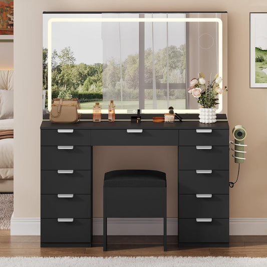 46'' Vanity Desk with Large LED Lighted Mirror & Charging Ports, 11-Drawer Makeup Table Set with Storage Stool for Dressing Room, 3 Lighting Modes Brightness Adjustable, Black Finish